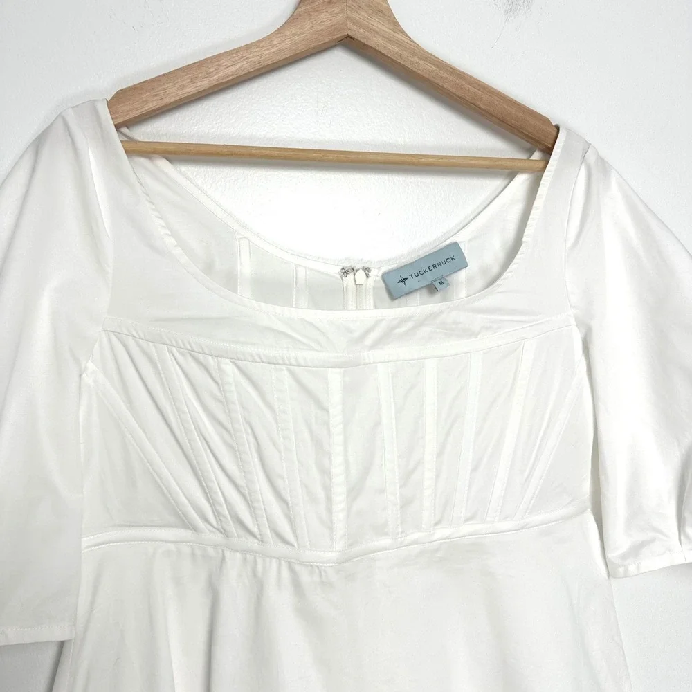 Tuckernuck Nealy Blouse White Cotton Corset Bodice Puff Sleeve Peplum Top Size M